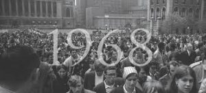 Crowd of people gathered in 1968, black-and-white photo.