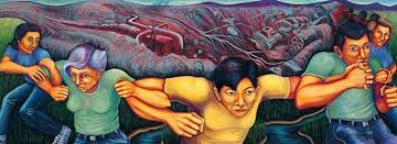 Colorful mural showing a man with extended arms and intricate background details.